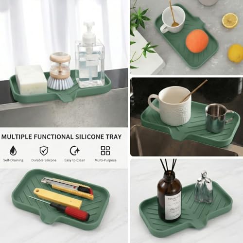 MicoYang Silicone Soap Dish with Drain Spout — Self-Draining Sink Organizer Tray for Bathroom & Kitchen, Sponges, Dispensers & Soap Holder, Non-Slip & Dishwasher Safe, Green (Medium, 9.6"×5.3") - color: Green, size: M(9.6"×5.3")