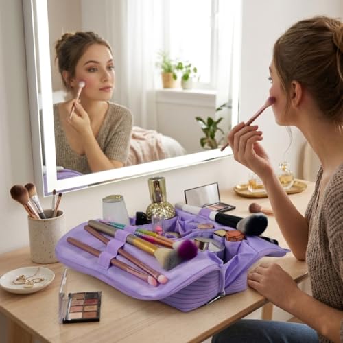 Travel Makeup Bag for Women, Waterproof Stand Up Cosmetic Bag with Brush Holders, Organizer Bag with Compartments, Fold-Down Design for Skincare, Toiletries & Essentials (Purple, Medium) - color: Purple, size: Medium