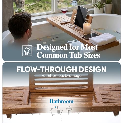 AquaTeak 30" Manada Teak Bathtub Tray Caddy - Durable, Water-Resistant Bath Tray for Tub with Foldable Book & Tablet Stand - Fits Standard Soaking Bathtubs - Bathroom Accessories for Spa
