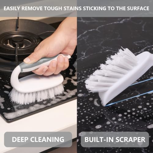 Scrub Brush Set, 4 Pack Deep Cleaning Brush Kit - 2 Scrub Brush, 2 Tile & Grout Brush with Built-in Scraper, Household Commercial Scrubber for Floor, Shower, Pool Wall, Tub (Gray) - color: Gray