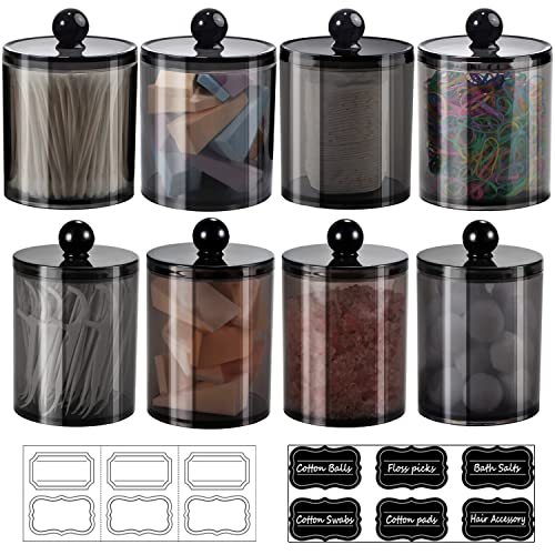 SheeChung 8 Pack Qtip Holder, Cotton Round Holder with Lids & 12 Labels - (4) 10oz & (4) 12oz Plastic Canisters Bathroom Storage Set for Cotton Swabs, Balls, Pads, Floss Picks ( Black) - size: 8pack