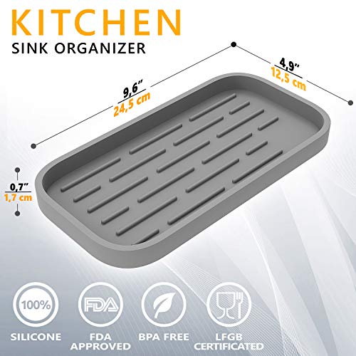 ZAPPOWARE Kitchen Sink Organizer | Silicone Sponge Holder - Storage Tray for Dish Sponge, Soap Dispenser, Scrubber 9.6"x 4.9" (Gray) - color: Gray