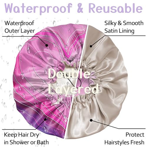 Luxury Shower Cap Silk Satin Lined Waterproof Reusable Adjustable Elastic Dry Hair Bathing Caps Cute for Women Girls-Heart - color: C-8-Heart