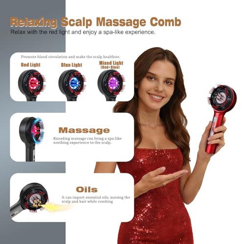 Rechargeable Scalp Massage Comb - Mimics Hand-like Kneading for Daily Hair Maintenance & Relaxation, Cordless with Oil Applicator for Men & Women - color: Red