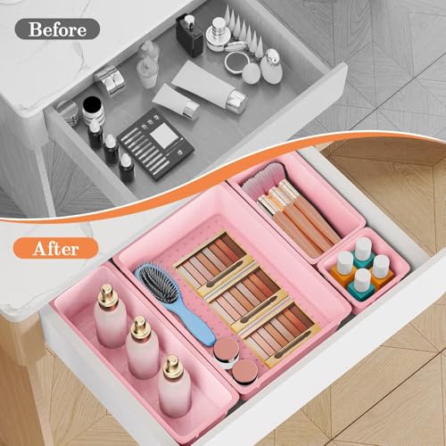 SpaceHacks 25 PCS Plastic Drawer Organizer Set, 4-Size Versatile Organizer Trays & storage Bins for Makeup, Jewelry, and Gadgets in Bathroom, Bedroom and Office, Pink - color: Pink