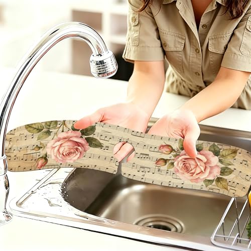 2 Pcs Kitchen Sink Splash Guard Faucet Mat Retro Sheet Music Flowers Pattern Faucet Mat for Sinks Flower Absorbing Drying Mats for Kitchen Bathroom - color: Music Flowers Pattern