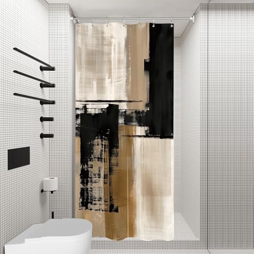 Miyotaa Abstract Modern Stall Shower Curtain Set 36Wx71H Inches Black Tan Taupe Contemporary Minimalist Brushstroke Neutral Small Half Waterproof Bathroom Curtain with Hooks - color: Black Tan, size: 36"W x 71"L (Pack of 1)
