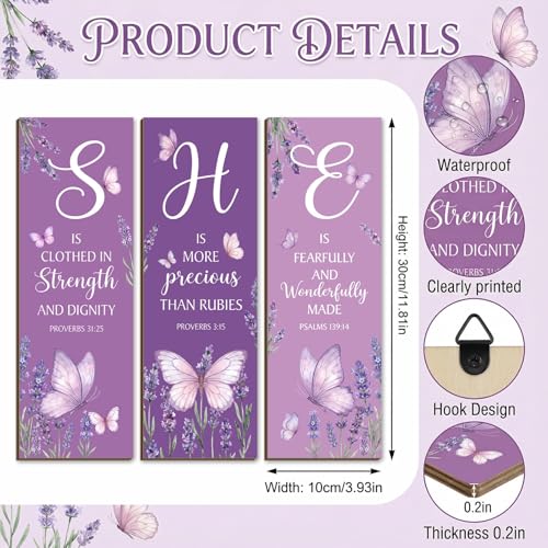 3Pcs Purple Christian Motivational Wooden Wall Decor for Women Purple Butterfly Wall Art Bible Verse Inspirational Home Decor Wooden Signs Religious Housewarming Gifts for Mom Bedroom & Office - style: Purple Christian