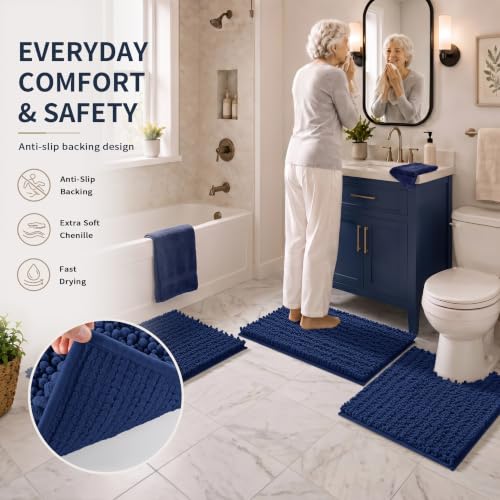 Yimobra Bathroom Rug Set 3 Piece - Super Absorbent Quick Dry Chenille Bath Mats & Toilet Rug, Non Slip Machine Washable, Extra Thick Shaggy Floor Mat for Shower Tub Sink, Navy Blue - color: Navy Blue, size: 24"x17" + 24"x20" + 30"x20"