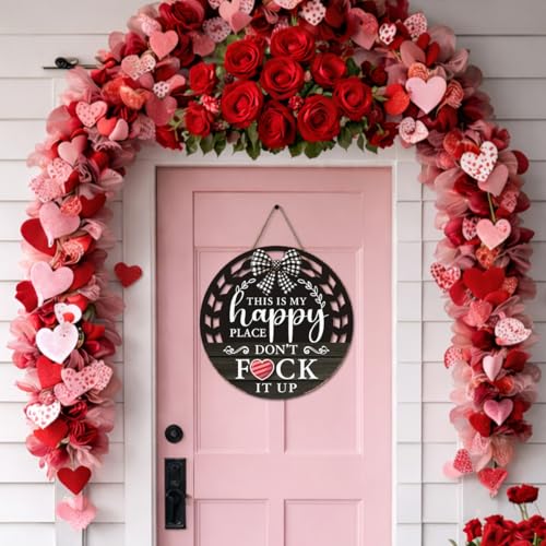 Interchangeable Seasonal Happy Place Hanging Sign - Farmhouse Backyard Door Decoration for Spring All Seasons Holidays - Rustic Round Wood Wreaths with 12 Icons - White - color: HAPPYblack