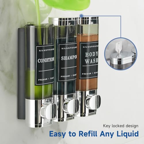 Unisense Shower Soap Dispenser 3 Chamber No Drill Shampoo and Conditioner Dispenser Wall-Mounted Shampoo Dispenser for Shower Wall Mounted Shower Dispenser for Bathroom Hotel Large Capacity,Chrome - color: Chrome