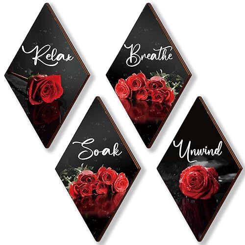 ONIZHITY Set of 4 Red Bathroom Decor Rose Wooden Wall Decor Flower Rustic Romantic Floral Farmhouse Wall Decor Modern Breathe Soak Unwind Relax Signs Red Decor for Room Kitchen Bathroom (12 x 7) - color: Red Rose
