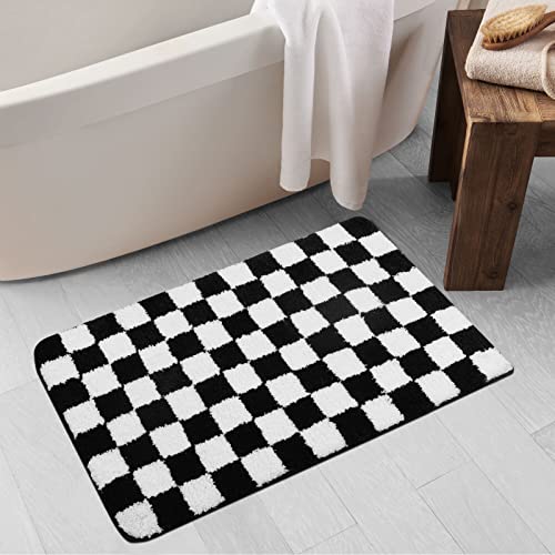 Uphome Bath Mats for Bathroom, Black and White Checkered Machine Washable Bathroom Rug Non Slip, 20x31 Water Absorbent Soft Microfiber Bathroom Mat for Tub, Shower, Floor - size: 20x31 inch