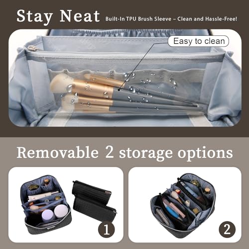 BOYATU Travel Makeup Bag Cosmetic Bags for Women: Large Capacity 3 Pcs Set Make up Bag with Compartments - Waterproof Vegan Leather Toiletry Organizer Bags with Handle (L15 Black) - color: L15 Black