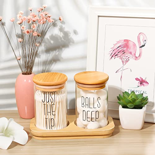Funny Qtip Holder Dispenser 2 Pack Glass Apothecary Jars Canisters with Tray, Cotton Ball Qtip Holder Bathroom Set with Bamboo Lids for Cotton Swab Farmhouse Bathroom Storage Organization