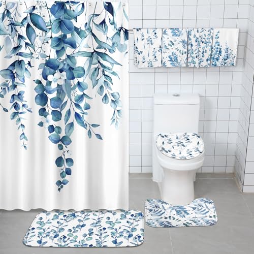 Tatuo 8 Pcs Blue Eucalyptus Shower Curtain Set Blue Eucalyptus Theme Bathroom Accessories Sets Decor Nautical Coastal Waterproof Shower Curtain with Towels Carpet Bath Mat Toilet Rugs and 12 Hooks - style: Blue Eucalyptus