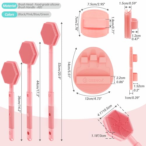 Silicone Back/Face Scrubber & Bath Glove Set 3PCS, Extendable Back Scrubber with Dual-Side Large Head, 360° Anti-Slip Bath Glove, Unique Side-Bristle Face Scrubber for All-Round Cleaning(Pink) - color: Pink*3