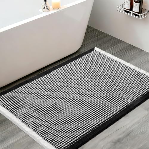 Upgraded Waffle Bath Mat, 36"x24" Black & White, Super Absorbent Non-Slip Quick Dry Bathroom Rugs with Tassels, Machine Washable Ultra Soft Boho Bath Rugs for Floor, Toilet Mats Boho Farmhouse Decor - color: Black & White, size: 2' x 3' (Rectangular)