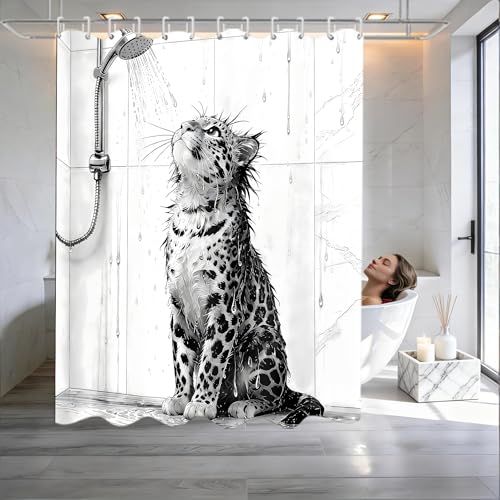 4 Piece Black and White Shower Curtain Set with Rugs, Cute Leopard Taking a Shower Art, Aesthetic Funny Animal Waterproof Fabric Bathroom Decor, Non-Slip Mat, U-Shaped Rug & Toilet Lid Cover - color: White