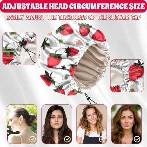 Luxury Shower Cap Satin Lined Reusable Waterproof Double Layer Elastic Adjustable Hair Bath Cap Cute Aesthetic Women Girls-Strawberry - color: F2-Strawberry