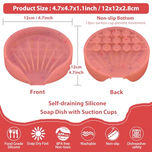 Silicone Bathroom Soap Dishes, Self Draining Waterfall Bar Soap Holder & Saver, Dish Soap Tray, Sponge Holder, 13 Non-Slip Suction Cups Dishwasher Safe for Bathroom Kitchen Shower Sink Organizer Red - color: Red
