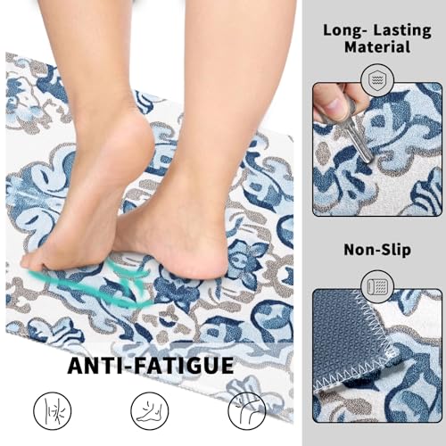 Boho Blue Kitchen Floor Mat Set 2 Piece 17"x47"+17"x30", Vintage Floral Kitchen Runner Farmhouse Blue and White Non Slip Washable Laundry Rug for Doorway Bathroom Decoration - color: Boho Blue