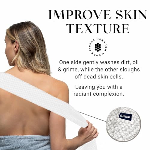 Sima Brand Exfoliating Washcloth Face & Body Scrub Towel - Japanese Exfoliating Towel with Hexagon Fibers, Body Scrubber with 2 Sides for Scrubbing & Washing, Extra Long Body Towels (White) - color: White