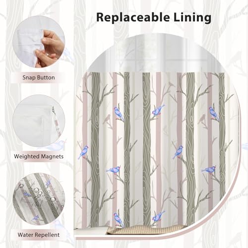 No Hook Shower Curtain with Snap in Liner, Blue Bird Tree Fabric Shower Curtain Set for Bathroom, Hotel-Quality, See Through Top Window Design, 59" W x 79" L - color: 05 Bird - Blue, size: 59"W x 79"L (Pack of 1)