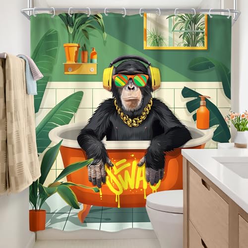 Newsely Funny Monkey Shower Curtain 72Wx72H Inch Tropical Palm Leaves Animal Bathing in Bathtub Modern Cool Shower Curtain Bathroom Set for Boys Men Waterproof Bath Decoration Accessories Home Decor - color: L-monkey, size: 72"W x 72"L (Pack of 1)