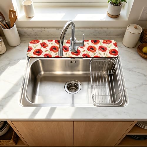 2 Pcs Kitchen Sink Splash Guard Faucet Mat Papaver Rhoeas Pattern Faucet Mat for Sinks Absorbing Drying Mats for Kitchen Bathroom - color: Papaver Rhoeas Pattern