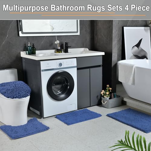 Bathroom Rugs Sets 4 Piece, Extra Soft Absorbent Chenille Bath Rugs, Non Slip Rubber Backing Machine Washable Quick Dry Bath Mats for Bathroom Floor, Tub, Shower, Home Decor Accessories, Deep Blue - color: Misty Blue