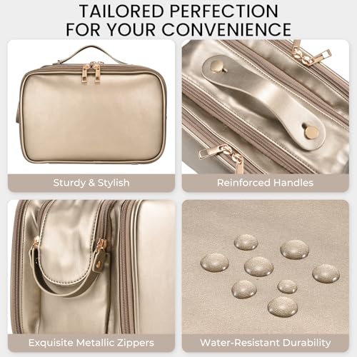 HauteHues Travel Makeup Bag Women's Large Capacity Cosmetic Portable Organizer Large Opening Waterproof Storage Toiletry Bags Vertical Free-Standing Brush Holder for Easy Access Copper - color: Copper