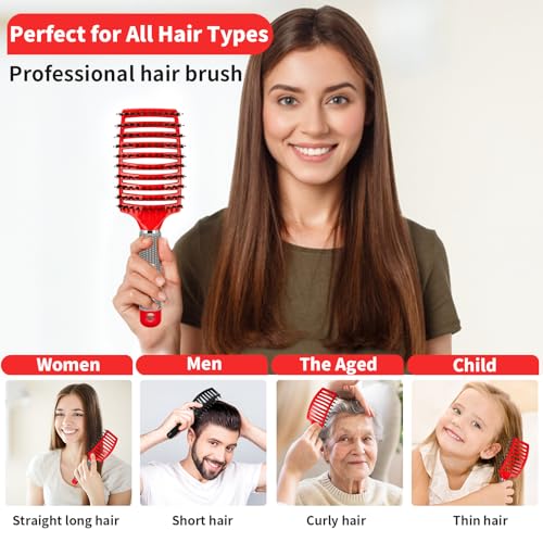 Boar Bristle Hair Brush Set of 2, HIPPIH Wet & Dry Hair Brushes Made by Fine Natural Boar Hair Can Adds Shine and Smoothing, Detangling Hairbrush for Women, Men & Kids' Long Curly Thick Hair - color: Black & Red