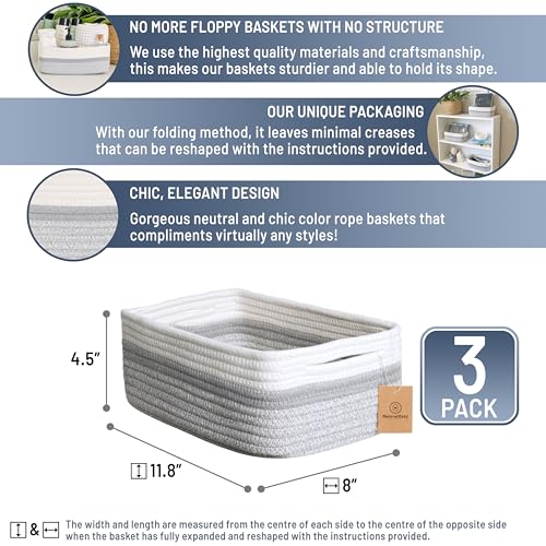 NaturalCozy 11.8"x8"x4.5” Storage Baskets for Shelves 3 Pack | Cotton Rope Woven Small Baskets for Organizing | Small Storage Bins for Nursery, Bathroom, Closet, Cube Shelf, Decorative, Gift Basket - color: Off White & Gray & Mixed Gray, size: 11.8" x 8"
