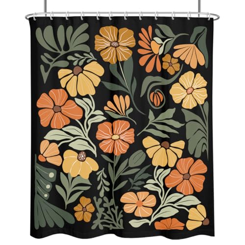 Orange Floral Shower Curtain Large Extra Long Black Cute Flower Vintage Farmhouse Rustic Retro Funny Aesthetic Botanical Bohemian Fabric Cloth Bathroom Decor Set 72x84 inch Polyester 12 Hooks - color: Black Orange, size: 72"W x 84"L (Pack of 1)