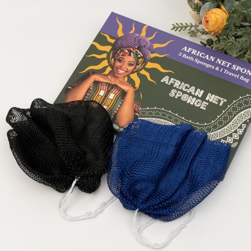 Bathway African Net Sponge Authentic with Handles (Set of 2), African Exfoliating Net Sponge, Exfoliating Body Scrubber Bath Sponge - Bathing Accessories with Storage Bag (Blue & Black) - color: Blue & Black