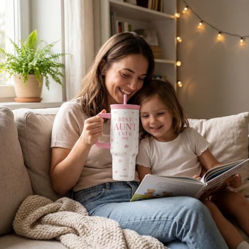 Aunt Gift from Niece Nephew, Stainless Steel Locking Lid Silicone Straw Tumbler with Handle 40oz, Best Aunt Ever Insulated Travel Cup for Aunties, Gift Idea for Birthday Christmas Mothers Day - color: Aunt