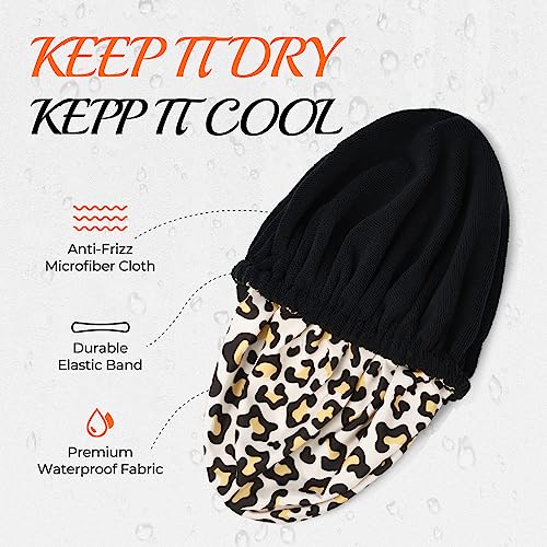 Shower Cap for Women Terry Lined Bath Cap Large Reusable Waterproof Elastic Band Leopard Shower Caps for Long Thick Hair Soft Bath Shower Hair Caps - color: Leopard Print Pattern