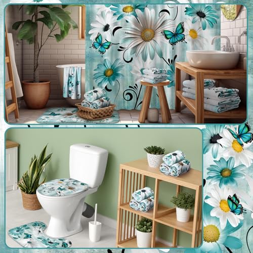 FuWeave 8 Pcs Rustic Farmhouse Shower Curtain Sets for Bathroom Daisy Floral and Butterfly Shower Curtain Sets with Rugs, Flowers Towels, Non-Slip Rug, Toilet Lid Cover, Bath Mat and 12 Hooks(Teal) - color: Daisy