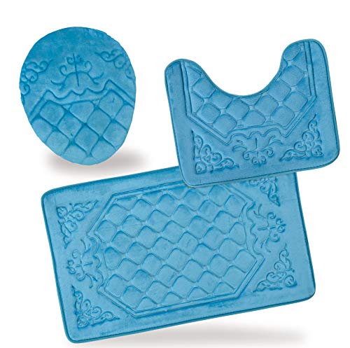 All American Collection 3PC Memory Foam Bath Mats Soft Plush Crown Design Anti-Slip Shower Bathroom Contour Toilet Lid Cover Rugs (Turquoise) - color: Turquoise