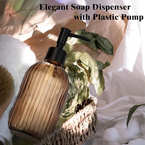 1 Pack 13.5oz Glass Soap Dispenser with Plastic Pump, Vertical Stripe Design Refillable Hand Soap Dispenser for Hand Wash - color: Dark Brown
