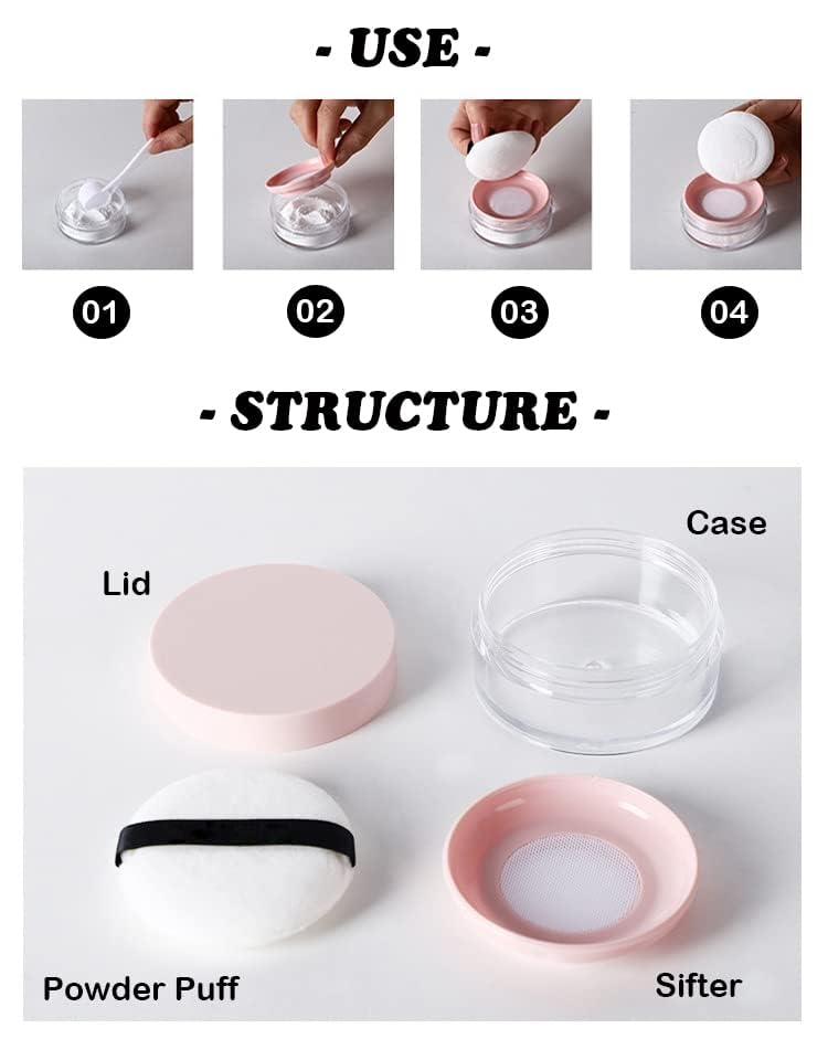AKOAK Capacity 10 ml(0.33 oz) No Leaks Empty Reusable Plastic Loose Powder Compact Container DIY Makeup Powder Case with Sponge Powder Puff,Elasticated Net Sifter and Pink Threaded Screw Lid