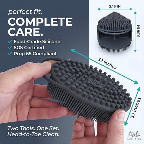 Avilana Premium Body Scrubber and Face Brush Set - Trusted Since 2017 - SGS Certified Silicone 2-in-1 Shower Kit, Dual Sided Gentle Exfoliating Loofah Alternative Sensitive Skin Women Men Gift - color: Dark Gray, size: Body & Face