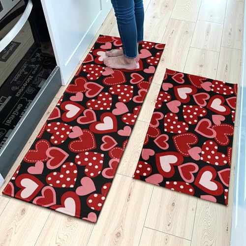 Valentines Day Kitchen Mats for Floor 2 Pcs Red Love Heart Washable Runner Rug Non Slip 17"x47"+17"x30", Romantic Valentine's Day Kitchen Rugs Set for Anniversary Wedding Holiday Home Decor - color: Red Love Hearts