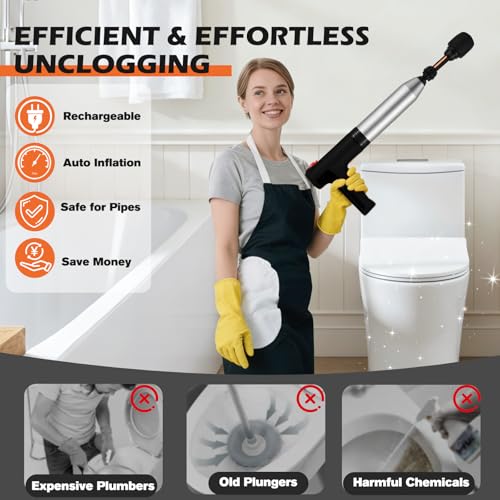 Electric Toilet Plunger, Drain Unclogger Plungers High Pressure Air Drain Blaster with Drain Auger, Splash-free Plungers for Bathroom, Plumbing Snake for Toilet, Clog Remover Heavy Duty(Black) - color: Electric Black