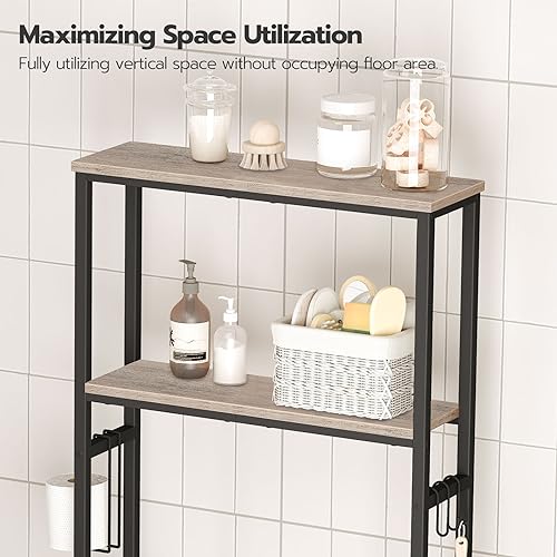 HOOBRO Over-The-Toilet Storage, 2-Tier Bathroom Organizer Over Toilet, Bathroom Shelves with Toilet Paper Holder and Hooks, Freestanding Storage Shelf, Space Saver, Greige and Black BG49TS01 - color: Greige and Black