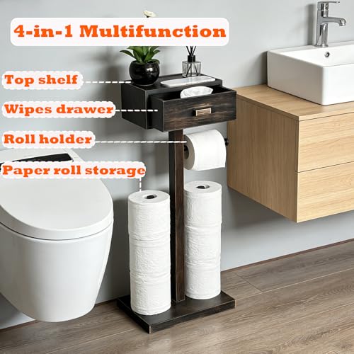 Freestanding Bathroom Toilet Paper Holder Stand with Shelf, Bamboo Toilet Paper Roll Holder with Wet Wipes Storage Drawer(Vintage Black) - color: Balck