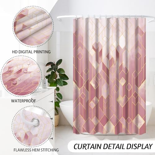 Lnond Pink Bathroom Set, Pink Abstract Cubes Bathroom Accessories Sets Complete, Luxury Restroom Set with Shower Curtain and Rugs, Trash Can, Toilet Brush Holder Set & Soap Dispenser - style: Pink