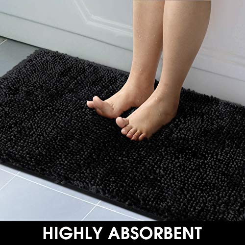 HOMEIDEAS Black Bathroom Rugs Sets 3 Piece, Butter Chenille Rugs and Mats, Shaggy, Absorbent, Non Slip, Luxury, Shiny, Washable Bath Mat for Bathroom, Shower - color: Black, size: 17"x24"+20"x32"+U Shape 20"x24"