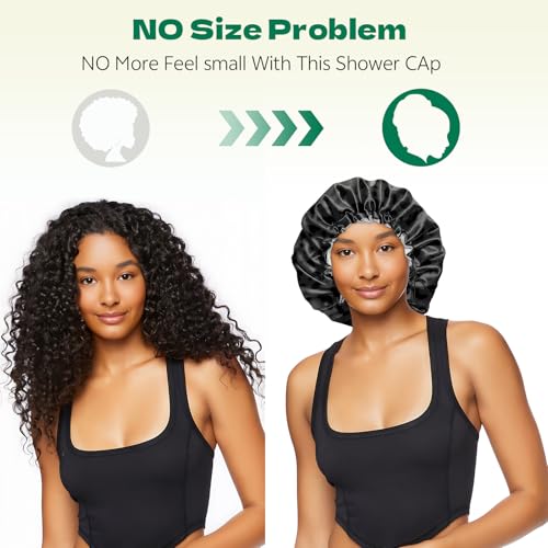 2 PCS Shower Cap Waterproof Double Layer Elastic Adjustable Reusable Hair Bath Caps for Girls Women Cute Aesthetic-Black - color: G8-Black
